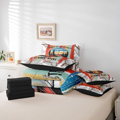 Erosebridal 7 Piece RV Bunk Bed Comforter Set King for Camper,Happy Camping Bedding Set with Sheets for Kids Adults,Travel Trailer Decor Rustic Cabin Country Bed in a Bag with Fitted+Flat Sheet