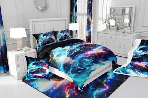 Kids Boys Sports Comforter Set - Black Blue Wolf Race Car Comforter for Kids Teens Room Decor - Lightning Extreme Sports Game Theme Bedding Set - Cool Speed Luxury Cars Quilt Set-All Season,King Size