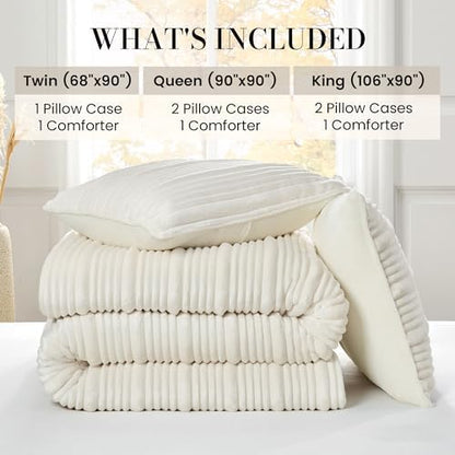 Amélie Home Fluffy Queen Comforter Set, Ribbed Fleece Bedding Set, Ivory