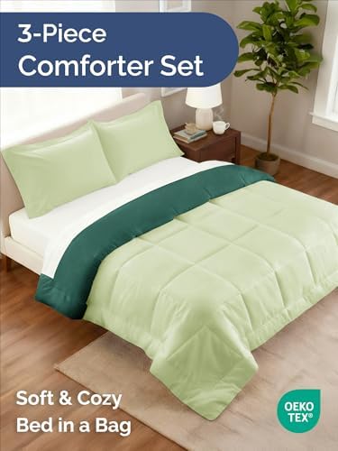King Comforter Set - Emerald/Light Sage Bedding, All Seasons - 3 Piece Set