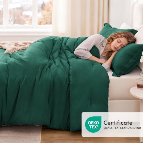 Love's cabin Dark Green Queen Comforter Set, 3-Piece Prewashed Bed Set
