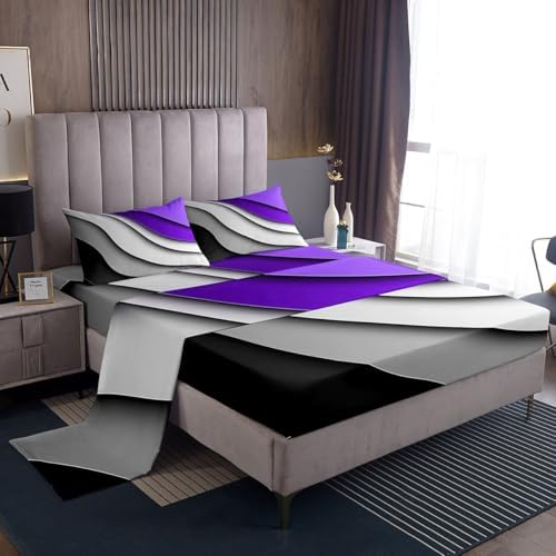 Feelyou Abstract Ombre Purple Grey White Bed Sheets Men Adults Teens Ocean Waves Striped Sheet Set Kids Boys Girls Modern Gradient Contemporary Bed Set Bedroom Collection 4Pcs Full Size