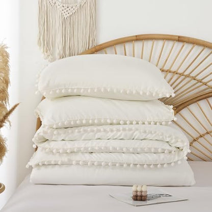 YIRDDEO Full Ivory Microfiber Comforter Set, 3pcs Boho Ball Pom Fringe Design Bedding Set (1 Comforter, 2 Pillowcases)