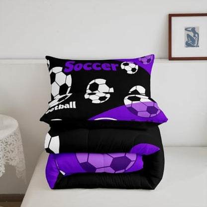 Manfei Teens Soccer Comforter Set Toddler Size, Black White Football Bedding Set 2pcs, Sports Theme Purple Down Comforter All Season, Kids Boys Adult Room Decor, Soft and Lightweight, 1 Pillowcase