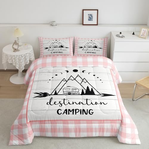Happy Camping Comforter Set Twin Size,Camper RV Trailer Decor Bedding Set 2pcs for Kids Boys Girls Adults,Rustic Wooden Plank Geometric Grids Down Comforter,Pink Romantic Duvet Insert,1 Pillowcase