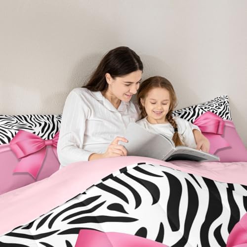 jejeloiu Pink Bow Comforter Set Toddler Size Zebra Stripes Bedding Set for Kids Boys Girls Girls Bow Duvet Quilt Bedroom Decor Microfiber 2 Pcs with 1 Pillow Cases