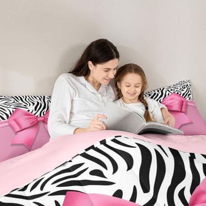 jejeloiu Pink Bow Comforter Set Toddler Size Zebra Stripes Bedding Set for Kids Boys Girls Girls Bow Duvet Quilt Bedroom Decor Microfiber 2 Pcs with 1 Pillow Cases