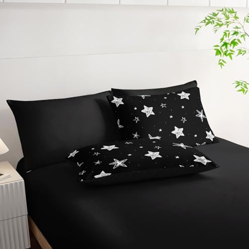 7Pcs Starry Comforter Set Black White Stars Printed Bedding Set with 1 Comforter, 1 Flat Sheet, 1 Fitted Sheet and 4 Pillowcases for Boys and Girls Bedroom All Season(Stars-3 King