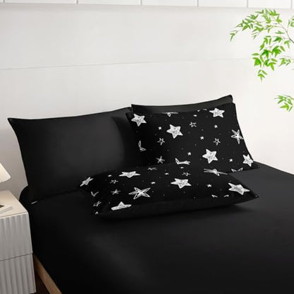 7Pcs Starry Comforter Set Black White Stars Printed Bedding Set with 1 Comforter, 1 Flat Sheet, 1 Fitted Sheet and 4 Pillowcases for Boys and Girls Bedroom All Season(Stars-3 King