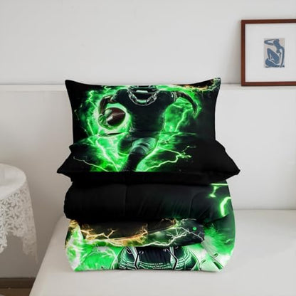 Castle Fairy Sports Football King Size Comforter Set,Kids Rugby Decor All Season Bedding Set,Teens American Football Comforter,Green Lightning Decor Quilt Set Bedroom Collection 3Pcs