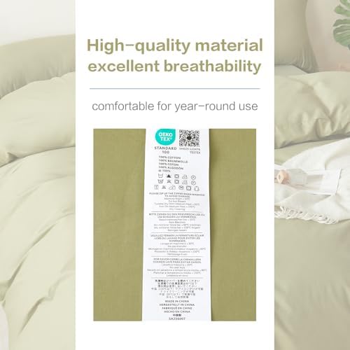 Duvet Cover Set Twin Size 100% Organic Cotton Olive Green, SAPHREAS 2 Pcs Soft Bedding Comforter Cover with Zipper Closure & Corner Ties, Comforter Not Included