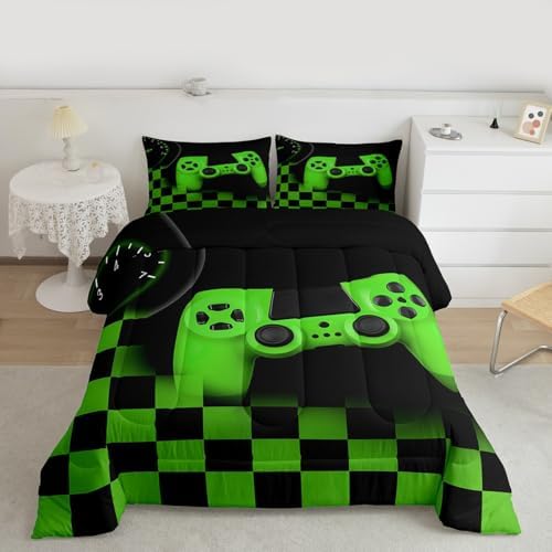 Gamer Comforter Set for Boys Home Decor Full 3pcs,Green Buffalo Plaid Check Novelty Bedding Set Microfiber Soft,Game Reversible Warm Duvet Insert,Gaming Gamepad Down Comforter with 2 Pillowcases