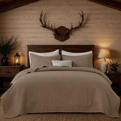 DOWN HOME Twin Quilt Bedding Set with Sham, Vintage Washed Soft Quilted Blanket Thin Comforter Lightweight Bedspread Coverlet Bed Cover, Brushed Microfiber Stripe Stitching, Brown, 66"x92"