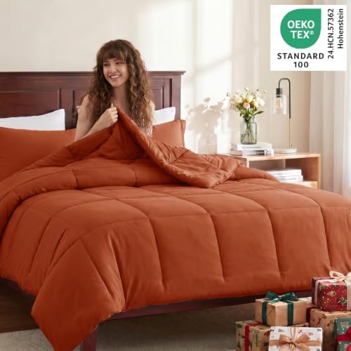 CozyLux King Size Comforter Set, 3-Piece Box-Stitched, Burnt Orange