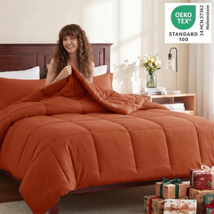 CozyLux King Size Comforter Set, 3-Piece Box-Stitched, Burnt Orange