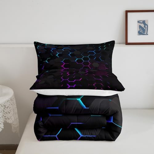 Manfei Honeycomb Comforter Set Twin Size Geometric Hexagon Print Quilt Set Colorful Neon Lights Bedding Comforters 2pcs for Kids Boys Girls Room Decor, Modern Geometric Duvet Set with 1 Pillowcase