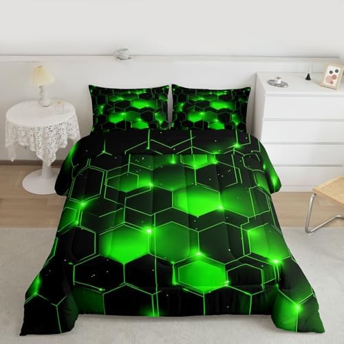 Feelyou Honeycomb Bedding Set Kids Toddler Twin, Beehive Geometric Comforter Set Honeycomb with Green Yellow Neon Lights Comforter Hexagonal Duvet Durable Quilt Twin Size