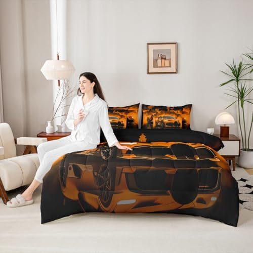 jejeloiu Kids Race Car Comforter Set with Sheets King Size Extreme Sport Games Bedding Set for Boys Girls Bedroom Decor Modern Orange Bed in a Bag Soft Lightweight Microfiber