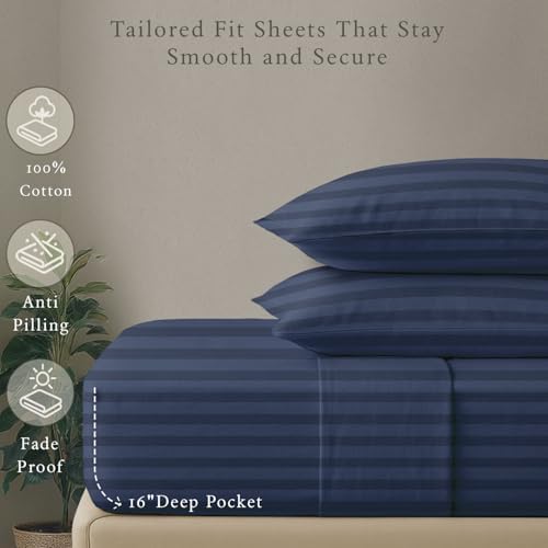 Threadmill 500TC Cotton Queen Sheet Set, Damask Stripe, Folkstone Blue