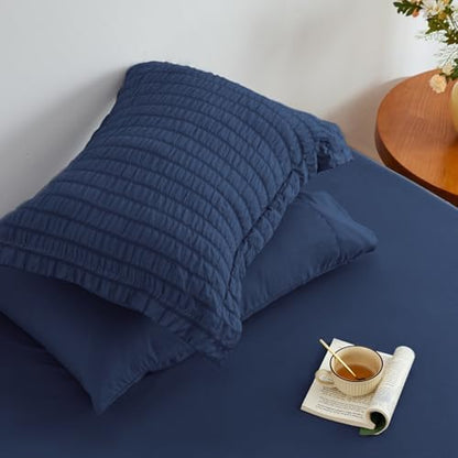 Love's cabin Seersucker Dark Blue Queen Comforter Set