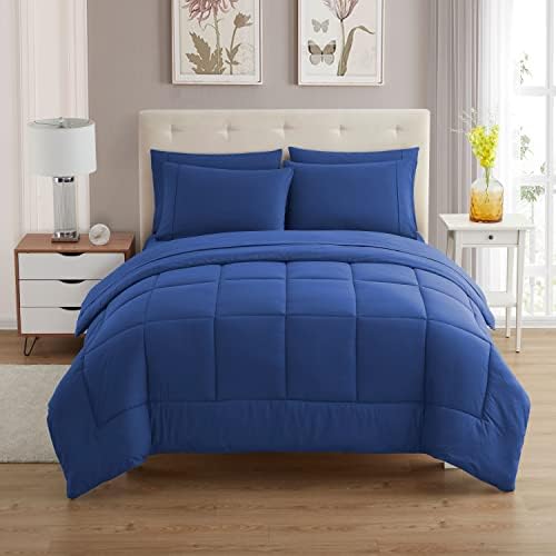 Sweet Home Collection 7 Piece Comforter Set Bag Solid Color All Season Soft Down Alternative Blanket & Luxurious Microfiber Bed Sheets, Royal Blue, Queen
