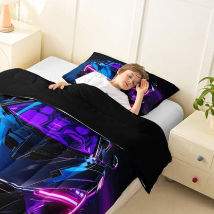 Feelyou Boys Race Car Comforter Set Toddler Size Speed Sports Car Bedding Set for Kids Boys Girls Extreme Sports Duvet Quilt Automobile Bedroom Decor Microfiber 2 Pcs with 1 Pillow Cases