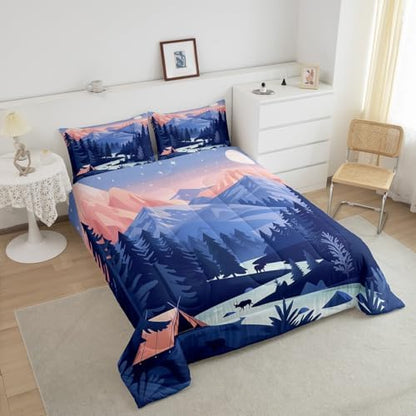 Woodland Comforter Set King Size,Pine Tree Boho Duvet Insert for Kids Girls Boys Adults Room Decor,Rustic Style Nature Botanical Bedding Set 3Pcs,Polka Dot Snowflake Plant Quilt Set,2 Pillowcases