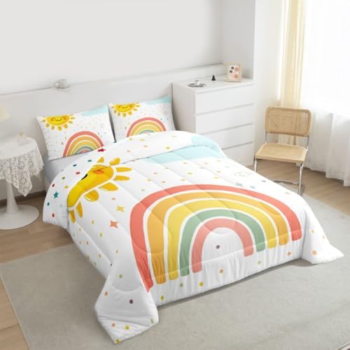 jejeloiu Cute Rainbow Comforter Set All Season Lovely Kids Rainbows Bedding Set with 2 Pillow Cases Cute Princess Microfiber Kids King Bedclothes Bedroom Decor Duvet Quilt Breathable Soft Lightweight