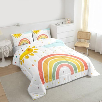jejeloiu Cute Rainbow Comforter Set All Season Lovely Kids Rainbows Bedding Set with 2 Pillow Cases Cute Princess Microfiber Kids King Bedclothes Bedroom Decor Duvet Quilt Breathable Soft Lightweight