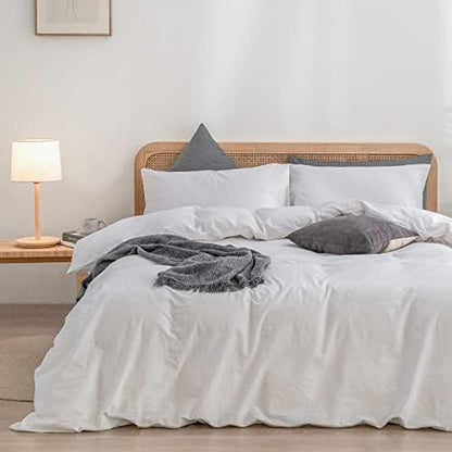 BESTOUCH Cotton Solid Duvet Cover Set Linen Feel Bright White Super Queen