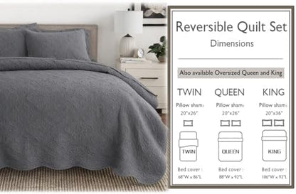 Cozy Line Home Fashions Charcoal Gray Cotton Quilt Set – 3-Piece Solid Textured Quilted Bedspread with Shams, Lightweight All Season Modern Bedding (Blantyre - Grey, Queen - 3 piece)
