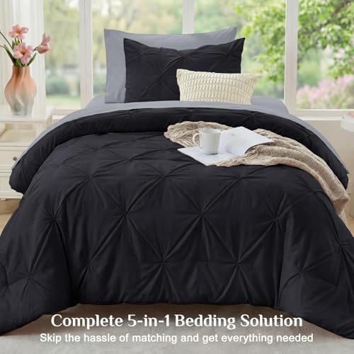 JOLLYVOGUE Twin Comforter Set 5 Pieces - Bed in a Bag Twin for All Season, Pintuck Bedding Comforter Sets with Comforter, Flat Sheet, Fitted Sheet and Pillowcases & Shams, Black & Light Grey