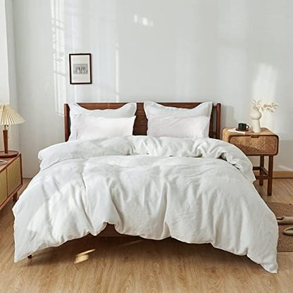 Simple&Opulence 100% Washed Linen Duvet Cover Set 5pcs(1 Duvet Cover& 2 Shams& 2 Pillowcases) Basic Style Natural French Flax Soft Breathable Farmhouse Bedding (Queen, White)