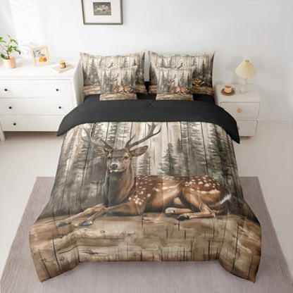 Erosebridal Jungle Deer Full Comforter Set with Sheets 7 Piece Wild Animal Hunting Bed in A Bag Rustic Farmhouse Cabin Bedding Sets for Women Adults Vintage Country Forest Wildlife Bed Set