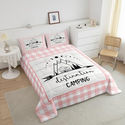 Happy Camping Comforter Set Twin Size,Camper RV Trailer Decor Bedding Set 2pcs for Kids Boys Girls Adults,Rustic Wooden Plank Geometric Grids Down Comforter,Pink Romantic Duvet Insert,1 Pillowcase