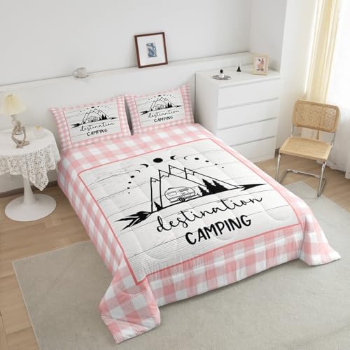 Happy Camping Comforter Set Queen Size,Camper RV Trailer Decor Bedding Set 3pcs for Kids Boys Girls Adults,Rustic Wooden Plank Geometric Grids Down Comforter,Pink Romantic Duvet Insert,2 Pillowcases