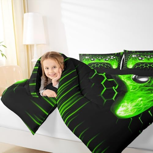 Erosebridal Honeycomb Gamer Boys Bedding Comforter Sets Green Neon Lights Game Console King Size Comforter Set Ombre Art Geometric Hexagon Beehive Bed Set Gaming Decor for Boys Bedroom Decor