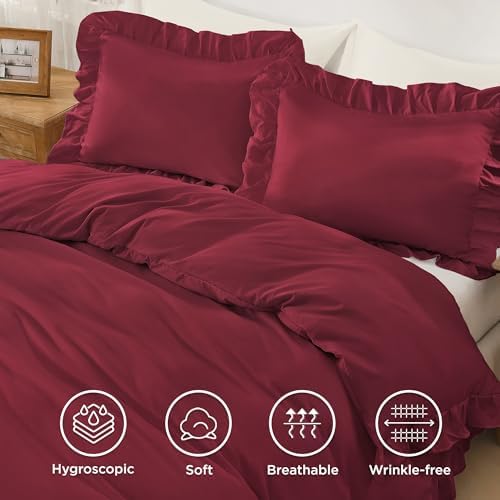 Andency Burgundy Ruffle Duvet Cover King, Shabby Chic Farmhouse Bedding Set