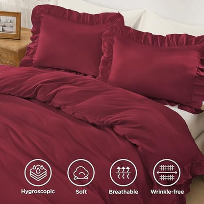 Andency Burgundy Ruffle Duvet Cover King, Shabby Chic Farmhouse Bedding Set