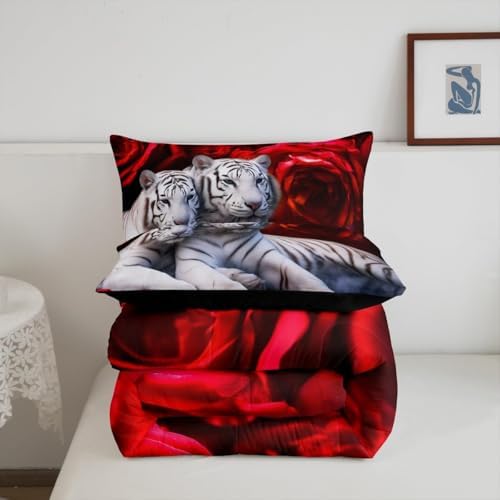 Tiger Red Rose Comforter Set, King Size, Red & Brown Floral Quilted Duvet Insert
