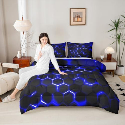 Erosebridal Honeycomb Comforter Set Neon Light Geometric Bedding Set Full for Kids Boys Teens,Hexagonal Bedding Comforter Sets Soft Microfiber Quilt Set 2 Pillow Cases Blue Black Room Decor