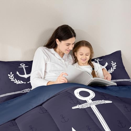 Anchor Comforter Set Full Size,White Geometric Abstract Rope Palm Leaf Bedding Set 3pcs for Kids Boys Adult Room Decor,Nautical Themed Quilt Set Navy Blue Modern Duvet Insert,2 Pillowcases