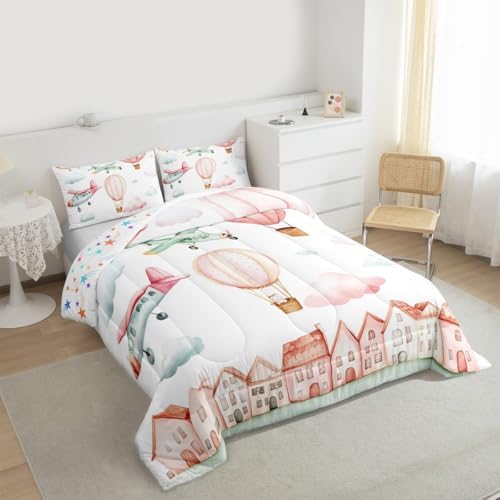 Erosebridal Cartoon Airplane King Size Comforter Set, Pink Aircraft Bedding Set for Girls Kids Teens Youth Women Bedroom, Cute Cat Pink Hot Air Balloon Comforter, Colorful Cloud Duvet Insert