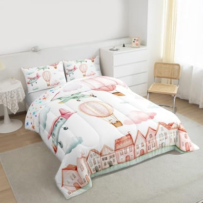 Erosebridal Cartoon Airplane King Size Comforter Set, Pink Aircraft Bedding Set for Girls Kids Teens Youth Women Bedroom, Cute Cat Pink Hot Air Balloon Comforter, Colorful Cloud Duvet Insert