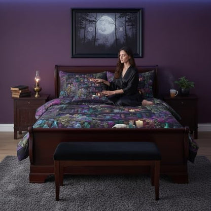 Erosebridal Gothic Skull 7 Piece Bedding Set King Vintage Witchy Comforter Set with Sheets Spooky Magic Bookshelf Bed in a Bag Black Retro Wizard Mysterious Cool Bed Sets Comforter