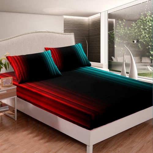 Feelyou Teens Abstract Ombre Decorations Bedding Set for Kids Women Red Teal and Black Bed Sheets Set Geometric Modern Fitted Sheet Sets Room 3Pcs Twin Size