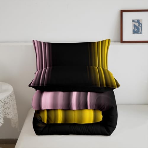 Feelyou Teens Abstract Ombre Decorations Bedding Set for Kids Women Pink Yellow and Black Comforter Set Geometric Modern Quilt Set Room 3Pcs Full Size