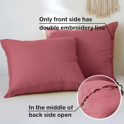 Simple&Opulence 100% French Linen Euro Shams with Embroidery (26'' x 26'') - Pack of 2 - Pre Washed Solid Color Natural Flax Soft Breathable - Coral Red