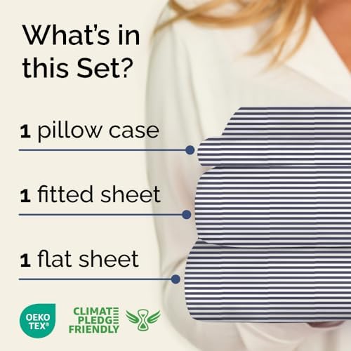 Twin XL 3 Piece Striped Sheet Set - Soft, Breathable & Cooling - Navy Ombre