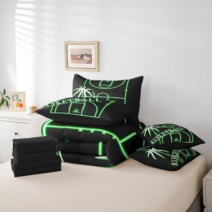 Boys Basketball Bedding Twin Size 7Pcs for Kids Teens Black Green Comforter Set, Sports Gaming Bedding Comforter Sets Green Basketball Court Bed in a Bag, Ball Game Bedding Accessories Super Cozy